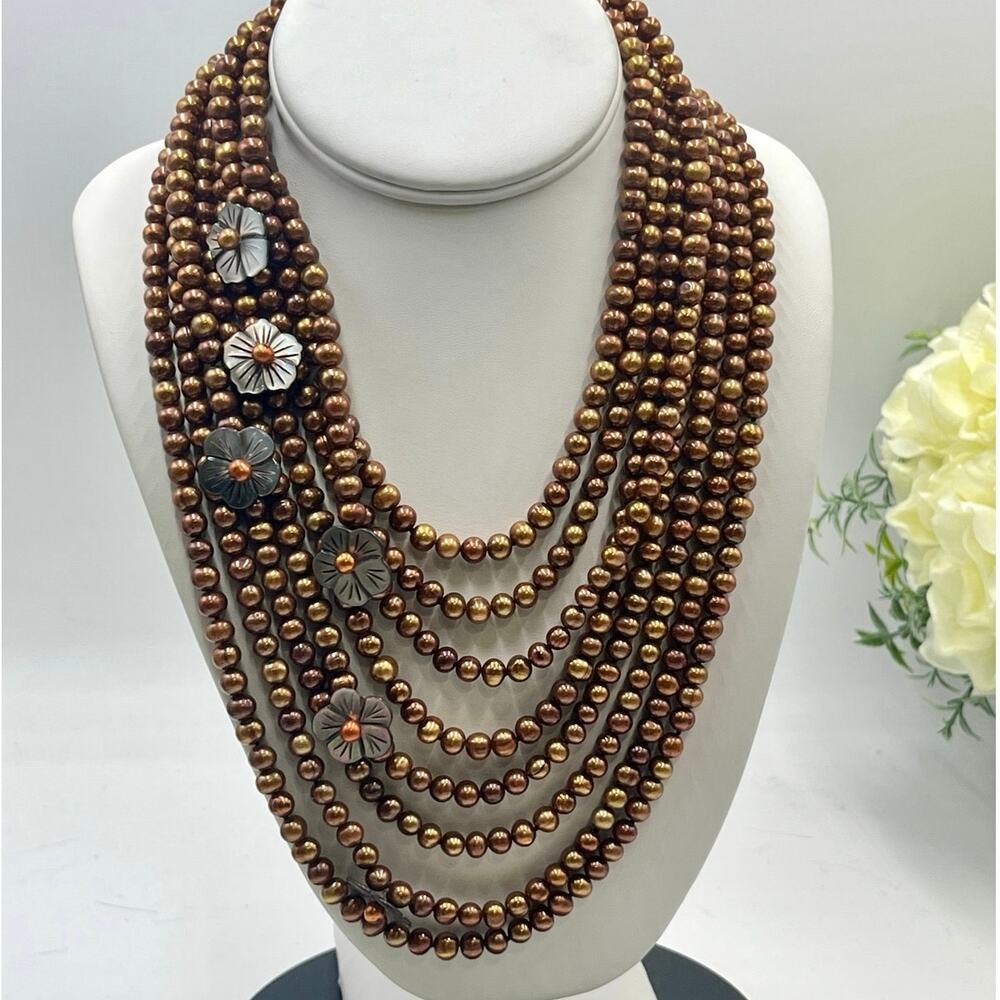 MultiStrand  Chocolate‎ Pearls Brown Copper-colored pearls Pearl Bib necklace